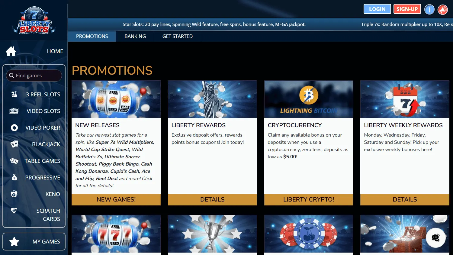 Liberty Slots Casino desktop promotions screen